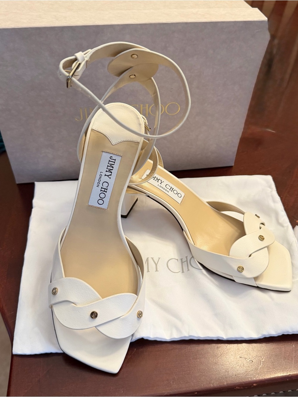 Jimmy Choo White Leather Ankle-Strap Heels with Braided Detail